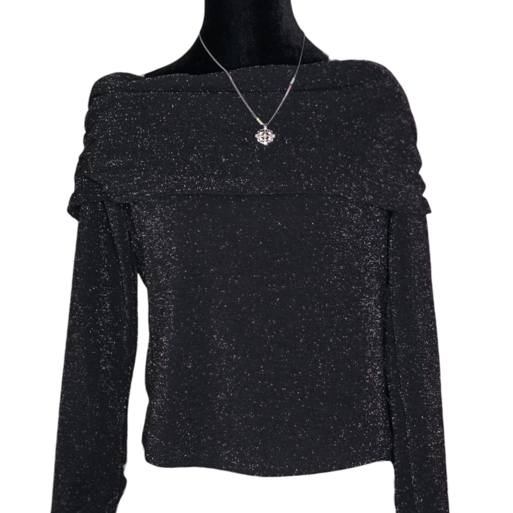 12 Thompson Black Shimmer Off Shoulder Top Sz L